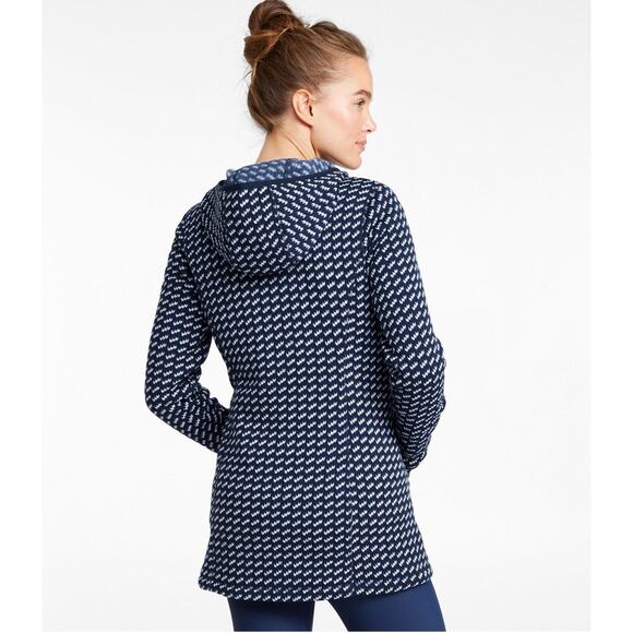 LL Bean Jacket Womens Medium Blue Birdseye Sweater Fleece Coat Full Zip Hood - Picture 2 of 7